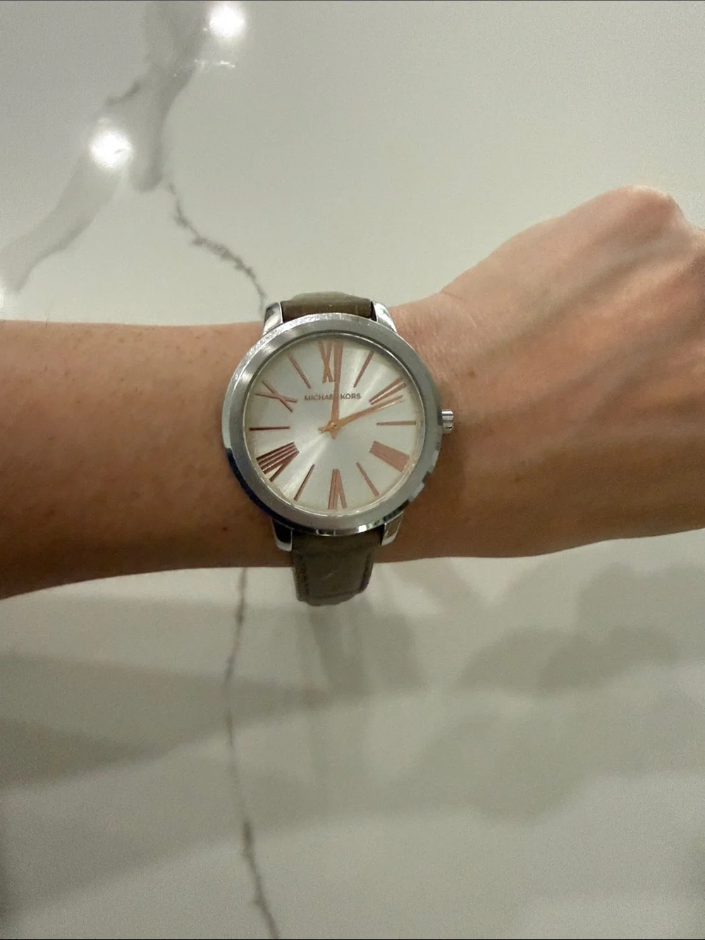 Michael Kors Silver Case Watch with Taupe Leather Strap and Rose-Gold Accents
